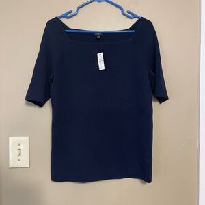 Talbots Womens Navy Blue Square Neck Elbow Sleeve Sweater Keyhole Petite Large